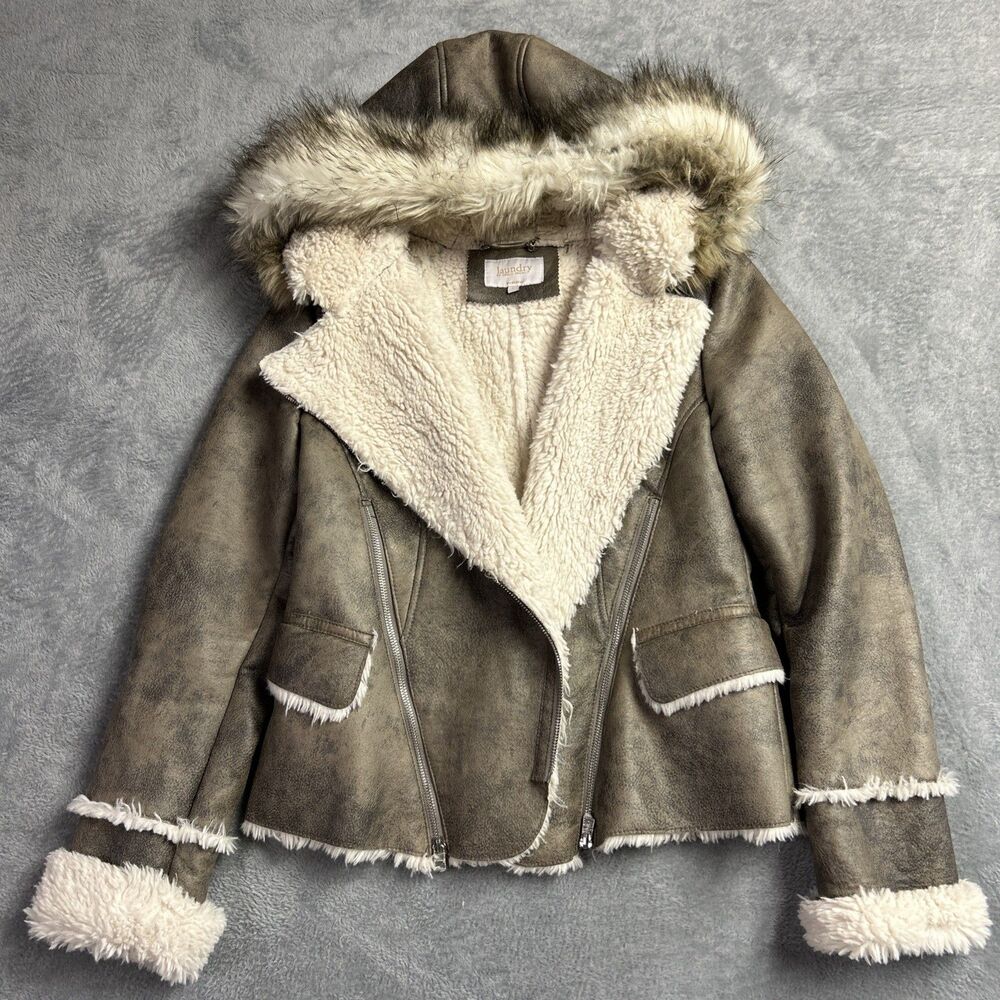 Laundry by Shelli Segal Womens Jacket Faux Fur Hood Faux Suede Sz. Large